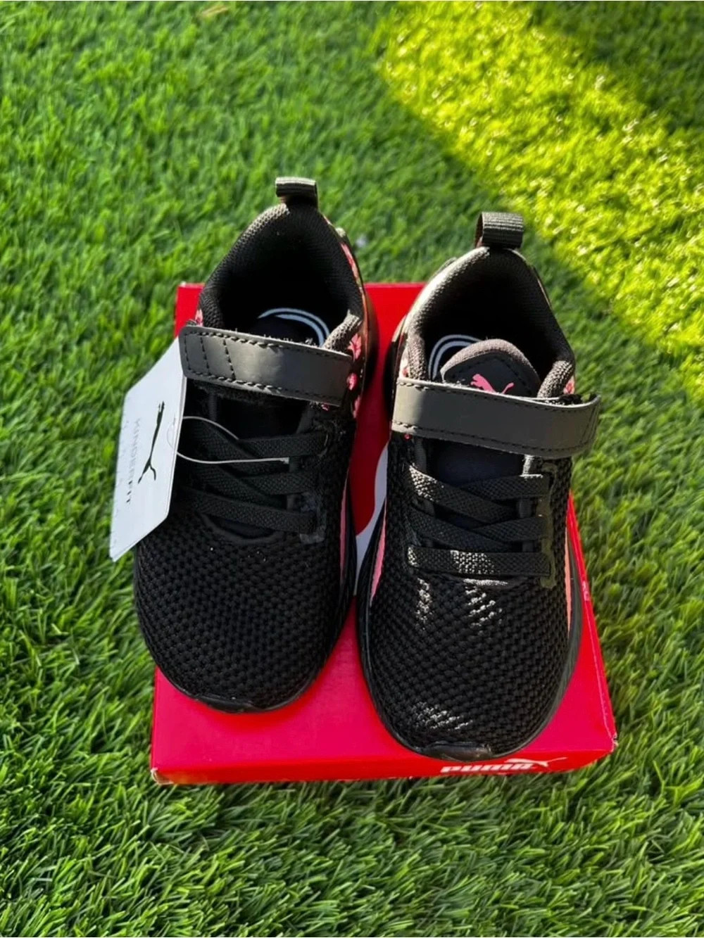 Puma Kids Black Sneakers with Pink Floral Accents